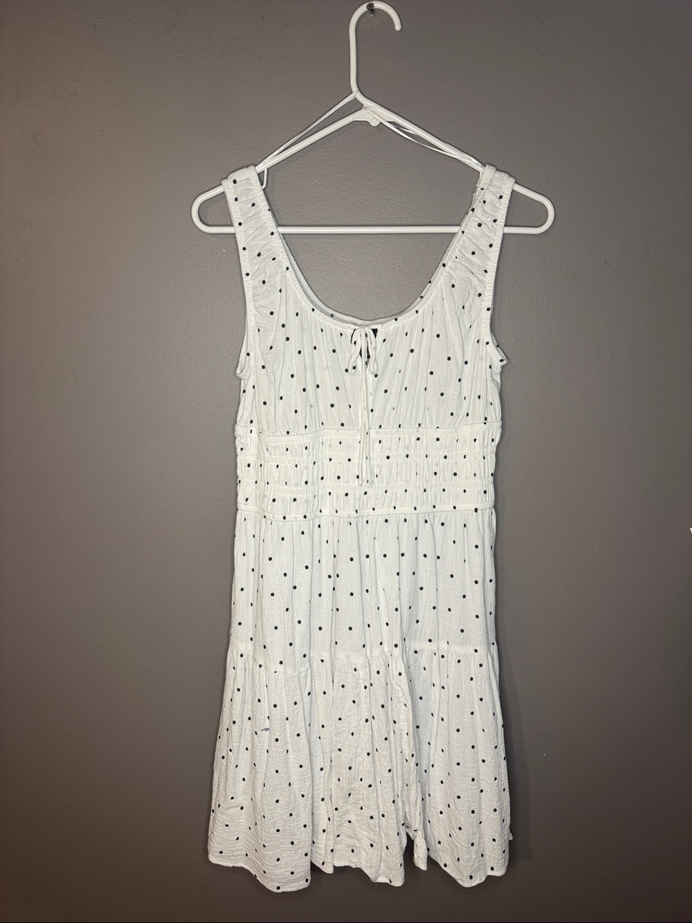 White Polka Dot Sleeveless Mini Dress with Smocked Waist